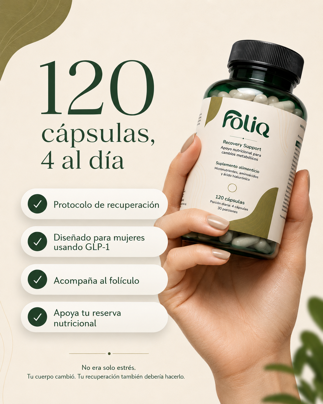 FOLIQ: 120 cápsulas, dosis de 4 al día, protocolo para mujeres que usan GLP-1