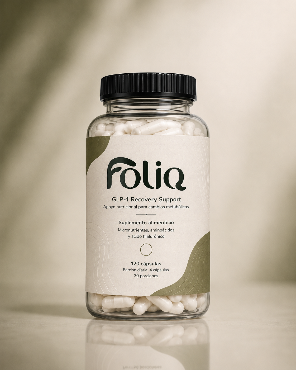 Frasco de FOLIQ, suplemento de 120 cápsulas para la caída de cabello asociada al GLP-1